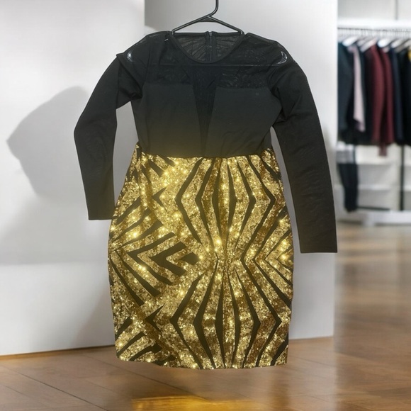 Black and Gold Sequin Mini Dress with sheer sleeves - Picture 2 of 5